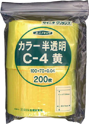 【メーカー型番】C-4-CY【JANコード】4909767112635【ブランド】セイニチ【特徴】●スタンダードなフィルム厚0.04mmのチャック付ポリエチレン袋です。【用途】●部品等の保管、管理。【仕様】●色:半透明イエロー●縦(mm):100●横(mm):70●質量(g):142.8●厚み:0.04mm【材質／仕上】●ポリエチレン（PE）【セット内容／付属品】【注意】【原産国】日本【送料について】北海道、沖縄、離島は送料を頂きます。