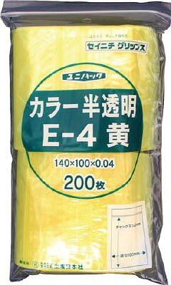 【メーカー型番】E-4-CY【JANコード】4909767112789【ブランド】セイニチ【特徴】●スタンダードなフィルム厚0.04mmのチャック付ポリエチレン袋です。【用途】●部品等の保管、管理。【仕様】●色:半透明イエロー●縦(mm):140●横(mm):100●質量(g):266●厚み:0.04mm【材質／仕上】●ポリエチレン（PE）【セット内容／付属品】【注意】【原産国】日本【送料について】北海道、沖縄、離島は送料を頂きます。