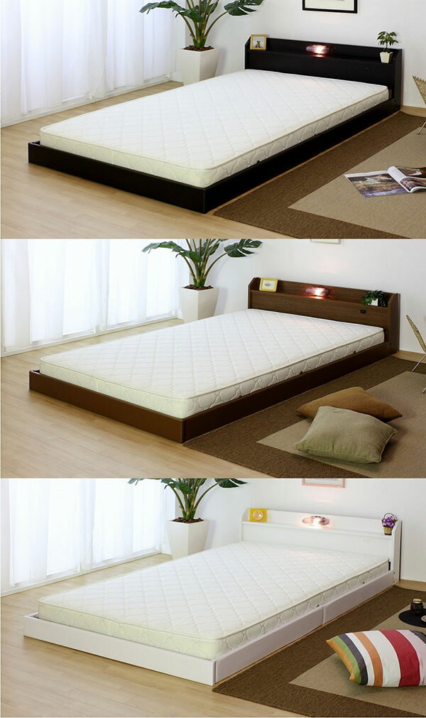 【日本製 棚付き 照明付き フロアベッド+二つ折り ボンネルコイル マットレス セミシングル】 連結 コンセント付き(代引不可)【送料無料】 [2]