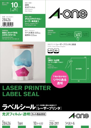 メーカー：エーワン品番：28426A4JANコード：4906186284264◆レーザープリンタでの印字適性に優れたラベルです。◆下地が生かせる透明フィルムタイプ。◆特殊加工でトナー定着がいい！　カラーレーザープリンタでも使用できます。　／　■　仕様　■対応プリンタ：カラーレーザー/モノクロレーザー/カラーコピー/モノクロコピーシートサイズ：A4判（210×297mm）一片サイズ：210×297mm面付け：1面厚み：0.15mmラベル・カード厚み：0.07mm材質：ポリエステルフィルム用紙特性：光沢、透明フィルム入り数：10シート　／光沢フィルム・透明/材質:ポリエステルフィルム/標準総厚み:0.15mm/ラベル厚み:0.07mmA4 1面 ノーカット/シートサイズ:A4判(210mm×297mm)/ラベルサイズ:210mm×297mm(1列×1段)対応プリンタ: レーザー コピー【送料について】北海道、沖縄、離島は送料を頂きます。