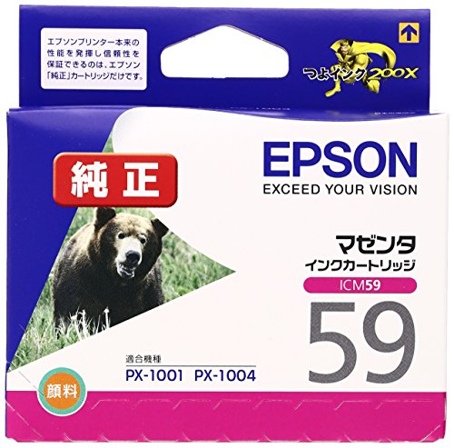 メーカー：EPSON品番：ICM59JANコード：4988617020474／　■　仕様　■カラー：マゼンタ対応プリンタ：PX-1001、PX-1004、PX-1004C9タイプ:純正形状:独立型種類:顔料色:マゼンダ対応メーカー:エプソン【送料について】北海道、沖縄、離島は送料を頂きます。