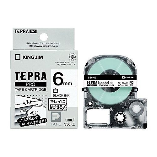 キング テプラPROテ-プ白/黒字 SS6KEJANコード4971660772766貼ってもキレイ、はがしてもきれい！はがしても跡が残らない弱粘着ノリを使用。長さ8m◆白ラベル◆黒文字【送料について】北海道、沖縄、離島は送料を頂きます。