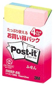 【商品型番】　500RP-BK　【商品説明】　●寸法／75×25mm●1冊／100枚●カラー／イエロー・ピンク・ブルー・グリーンの4色入り●単位（入数）／1パック（4冊入）●メーカー品番／500RP-BK
