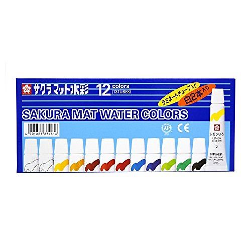 サクラ マット水彩12色白2 EMW13JANコード：4901881834516【12色】レモン色・山吹色・茶色・黄土色・朱色・赤・黄緑・ビリジアン・青・藍色・黒・白(2本)【仕様】ラミネートチューブ入り【特長】開けやすい:破れにくい:絞り出しやすい:きれい:絵の具にやさしい:あざやかな発色【安全基準】CE、AP適合商品【容量】5ml:本12色。(白2本入)。容量：各色5ml。【送料について】北海道、沖縄、離島は送料を頂きます。