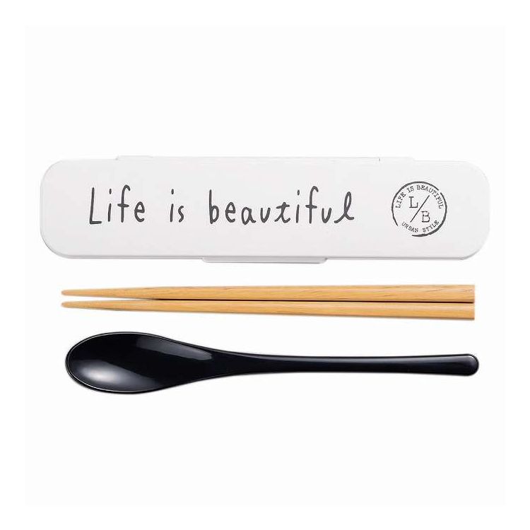 日本製 コンビセット 箸 スプーン 18cm LIFE IS BEAUTIFUL スタンプ ホワイト(代引不可)