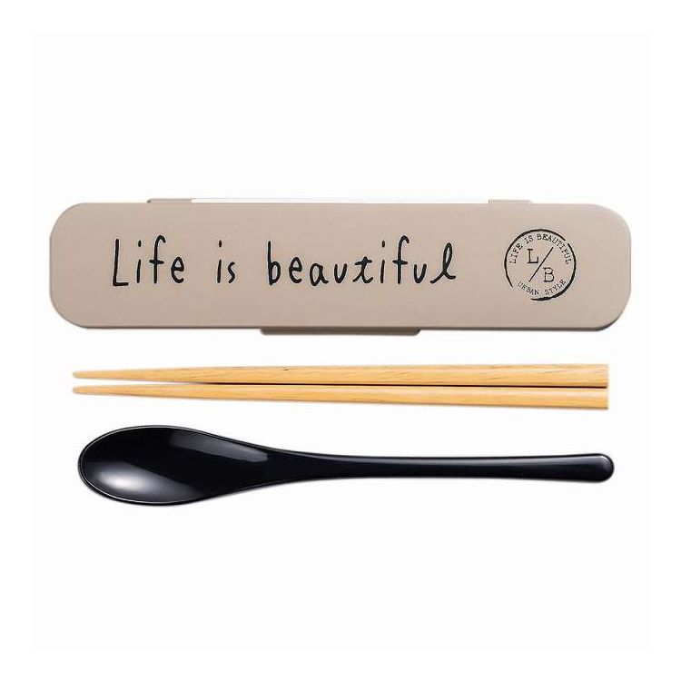 日本製 コンビセット 箸 スプーン 18cm LIFE IS BEAUTIFUL スタンプ グレー(代引不可)