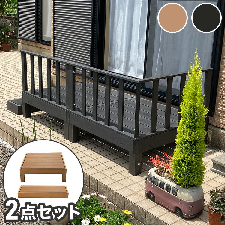 【人工木 ウッドデッキ 本体+踏み台 2点セット】樹脂 縁台 縁側 DIY 腐りにくい 水洗い 連結 ウッドパ..