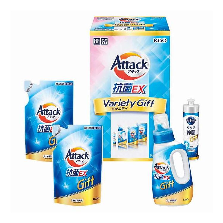 【商品詳細】ぎゅうぎゅうつめこみ洗いでも強力洗浄の液体のアタックとキュキュットが入ったセット。内容:アタック抗菌EX（750g）・キュキュットクリア除菌（220ml）×各1、アタック抗菌EX詰め替え（590g）×2原産国:日本【代引きについて】こちらの商品は、代引きでの出荷は受け付けておりません。【送料について】北海道、沖縄、離島は送料を頂きます。