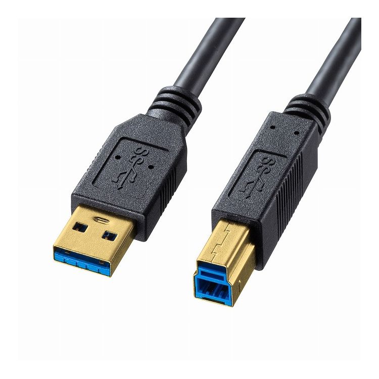 【商品特長】USB3.0ケーブル。認証取得品（Aコネクタ-Bコネクタ）。ブラック・1m。●USBポート（Aタイプ）を持つパソコンと、ハードディスクなどUSB機器（USB3.0 Bタイプメス端子を持つ機種）を接続するケーブルです。●USB IF（USB Inprementers Forum）で認証されたUSB3.0規格認証ケーブルです。●USB 3.2 Gen 1・USB 3.1 Gen 1・USB 3.0の環境で最大5Gbps（理論値）の転送スピードを実現したUSB 2.0の約10倍もの転送スピードに対応したケーブルです。●USB 3.0信号線用のSDP（Shielded Differential Pair）線は中心から「アルミシールド→アルミシールド→高密度編組みシールド」と三重のシールド処理となっています。●芯線を2本ずつよりあわせたノイズに強いツイストペア線を使用しています。●内部を樹脂モールドで固め、さらに全面シールド処理を施していますので、外部干渉を防ぎノイズ対策も万全。耐振動・耐衝撃性にも優れています。●錆にも強く、経年変化による信号劣化の心配が少ない金メッキ処理を施したコネクタシェルを使用しています。●錆にも強く、経年変化による信号劣化の心配が少ない金メッキ処理を施したピン（コンタクト）を使用しています。※USB 3.2 Gen 1 ・USB 3.1 Gen 1・USB 3.0　は呼び方が違うだけで同じ意味です。データ転送の性能は同じなので本製品は3つの規格（規格名）に対応しています。ただしUSB 3.2 Gen 1には　2種類のモード（USB 3.2 Gen 1×1とUSB 3.2 Gen 1×2）があり、USB 3.2 Gen 1×2 のモードには本製品は対応していません。【仕様】●カラー：ブラック●コネクタ形状：USB3.0 Aコネクタオス−USB3.0 Bコネクタオス（USB Type A - USB Type B）または（USB Standard-A - USB Standard-B）、USB 3.2 Gen1・USB 3.1 Gen1 対応●ケーブル長：約1m（コネクタの長さ含む）●ケーブル径：約5.5mm●線材規格（UL）：UL20276 VW-1●規格：SuperSpeed USB 5Gbps（USB 3.2 Gen1・USB 3.1 Gen1・USB 3.0）USB 3.2 Gen 1×2 のモードには非対応●重量：約60g■対応機種：パソコン各社パソコン、AppleMacPro、iMac、Macminiシリーズなど※USBポート（Aタイプメス）を持っている機種に対応します。周辺機器USB3.2Gen1・USB3.1Gen1・USB3.0Bコネクタ（Bタイプメス）を持つ周辺機器※USB2.0/1.1のパソコンでも使用可能です。（USB2.0/1.1の速度になります）※USB2.0/1.1の周辺機器では使用できません。（機器のコネクタの形状が異なります）【代引きについて】こちらの商品は、代引きでの出荷は受け付けておりません。【送料について】北海道、沖縄、離島は送料を頂きます。