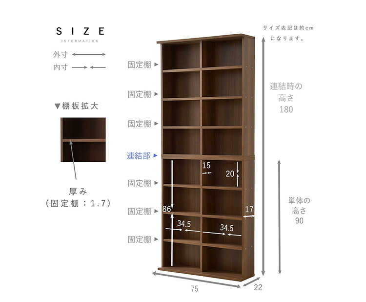 本棚 2個組 積み重ね可能 幅75cm 薄型 奥行き17cmのスリム設計 コミックラック マ...