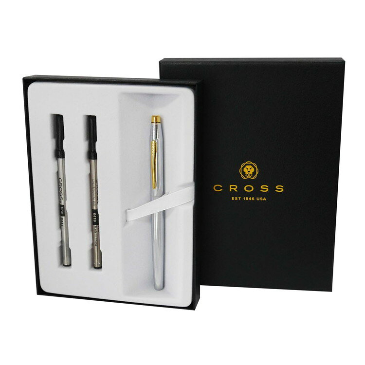 ■商品サイズ　長さ：約133mm（収納時）/約146mm（筆記時）　最大胴軸径：約9.5mmφ　キャップ径：約9.5mmφ（クリップを除く）　■重さ：約20g■特徴メーカー専用ギフトBOXとリフィール2本セットのプレゼントに最適なセットとなります。キャップ式。■付属品　CROSS(クロス)オリジナルBOX 保証書■初期装填芯セレクチップローラーボール用ジェルインク芯（8523　黒）■仕様ボディ/キャップ：真鍮ベース＋クロームプレート　口金/リング/クリップ：ステンレススチール＋23金ゴールドプレート【送料について】北海道、沖縄、離島は送料を頂きます。