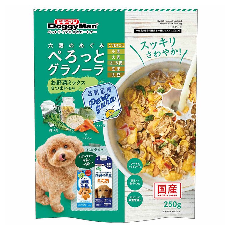 【商品説明】・ヘルシー素材にこだわり、ビタミン・ミネラルを含む六穀を使用したワンちゃん専用のグラノーラです。・「おいしく」「からだにやさしく」「毎日を満たす」わんちゃんの新しい食習慣におすすめです。・そのままたべるとサクサク食感！ペット用牛乳をかけて食べるとさらにおいしさアップ！・ドライフードのトッピングにも使えます。・栄養成分にこだわった3種の野菜入り〇原材料(成分)穀類(コーングリッツ、小麦、大麦、オーツ麦、玄米)、野菜類(キャベツ、人参、野沢菜)、大豆、糖類(オリゴ糖)、さつまいもパウダー、酸化防止剤(ビタミンE)、香料、ミネラル類(ナトリウム)〇賞味／使用期限(未開封)12ヶ月※仕入れ元に規定により3ヶ月以上期限がある商品のみ出荷致します〇保管方法・お買い上げ後および開封後は直射日光、高温多湿を避け、風通しの良い場所に保存してください。・開封後は虫などが入らないように密閉して保存し、賞味期限に関わらず早めに与えてください。〇原産国日本〇メーカー名ドギーマンハヤシ株式会社【取り寄せ品のご注意事項（ご注文前にご確認ください）】・本商品は原則注文後のキャンセルはお受けできません。・本商品と他商品で同梱注文をいただき、仮に他商品が完売等でご用意できない場合でも本商品は発送させていただきます。・本商品を複数（2点以上）注文いただき、完売等で注文数のご用意できない場合でもご用意できた数量は発送させていただきます。【送料について】北海道、沖縄、離島は送料を頂きます。