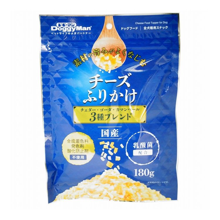 【取り寄せ品のご注意事項（ご注文前にご確認ください）】・本商品は原則注文後のキャンセルはお受けできません。・本商品と他商品で同梱注文をいただき、仮に他商品が完売等でご用意できない場合でも本商品は発送させていただきます。・本商品を複数（2点以上）注文いただき、完売等で注文数のご用意できない場合でもご用意できた数量は発送させていただきます。【商品説明】新しいふりかけ素材の旨みがよくなじむオリジナルブレンドのふりかけ。毎日あげるフードに『おいしさ』と『楽しさ』をプラス。味わい、風味が異なるチェダー・ゴーダ・カマンベールの3種のチーズをブレンドし、旨みと香りをいかしたやわらか仕上げ。合成着色料・発色剤不使用。からだの健康維持をサポートする『乳酸菌』配合。・メーカー名ドギーマンハヤシ 株式会社・原材料(成分)チーズ(チェダー、ゴーダ、カマンベールを含む)、コーンスターチ、小麦粉、乳酸菌、グリセリン、ミネラル類(カルシウム)、保存料(ソルビン酸カリウム、デヒドロ酢酸ナトリウム)、増粘安定剤(キサンタンガム)、pH調整剤、メタリン酸ナトリウム、ビタミンE、着色料(カロテン、アナトー)・賞味期限別途パッケージに記載・原産国または製造地日本・保存方法別途パッケージに記載【送料について】北海道、沖縄、離島は送料を頂きます。