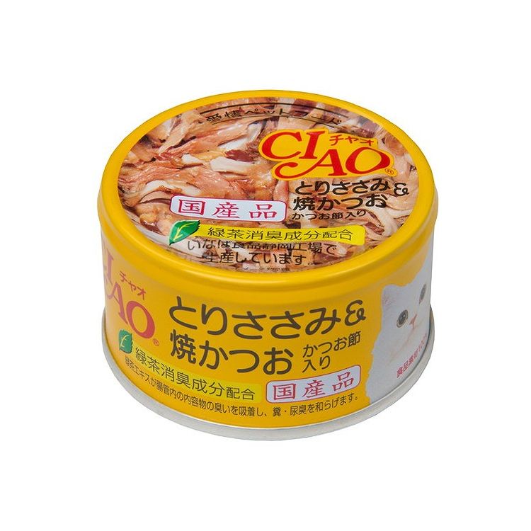 【取り寄せ品のご注意事項（ご注文前にご確認ください）】・本商品は原則注文後のキャンセルはお受けできません。・本商品と他商品で同梱注文をいただき、仮に他商品が完売等でご用意できない場合でも本商品は発送させていただきます。・本商品を複数（2点以上）注文いただき、完売等で注文数のご用意できない場合でもご用意できた数量は発送させていただきます。【商品説明】とりささみをベースにしたおいしい缶詰・低脂肪のとりささみをしっとりとした口当たりのゼリーで仕上げました。・焼かつおのフレークに、香ばしいかつお節を加えました。・ビタミンEを配合し、猫の健康に配慮しています。・緑茶消臭成分配合で腸管内の内容物の臭いを吸着し、糞・尿臭を和らげます。●原材料(成分)鶏肉(ささみ)、宗田かつお、かつお節、増粘多糖類、ビタミンE、緑茶エキス、紅麹色素●賞味／使用期限(未開封)36ヶ月※仕入れ元の規定により半年以上期限の残った商品のみ出荷致します。●保存方法別途パッケージに記載●メーカー名いなばペットフード 株式会社【送料について】北海道、沖縄、離島は送料を頂きます。
