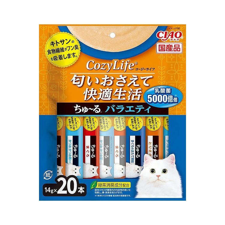 【商品説明】匂いをおさえて爽快生活！・食物繊維のキトサンがフンのにおいを吸着します。・乳酸菌5000億個(1本あたり250億個)配合で、猫ちゃんの健康を維持し、お腹の調子を保ちます。・緑茶消臭成分配合(緑茶エキスが腸管内の内容物の臭いを吸着し、糞・尿臭を和らげます)・緑茶消臭成分3倍配合(CIAOちゅ〜るまぐろ 比)●原材料(成分)【まぐろ】まぐろ、まぐろエキス、タンパク加水分解物、糖類(オリゴ糖等)、殺菌乳酸菌、植物性油脂、キトサン、増粘安定剤(加工でん粉、増粘多糖類)、ミネラル類(Na、P、Cl)、調味料(アミノ酸)、ビタミンE、緑茶エキス、紅麹色素【まぐろ＆ほたて貝柱】まぐろ、ほたて貝柱、ほたてエキス、糖類(オリゴ糖等)、殺菌乳酸菌、植物性油脂、キトサン、増粘安定剤(加工でん粉、増粘多糖類)、ミネラル類(Na、P、Cl)、調味料(アミノ酸)、ビタミンE、緑茶エキス、紅麹色素【かつお かつお節入り】かつお、かつお節、かつお節エキス、糖類(オリゴ糖等)、殺菌乳酸菌、植物性油脂、キトサン、増粘安定剤(加工でん粉、増粘多糖類)、ミネラル類(Na、P、Cl)、調味料(アミノ酸)、ビタミンE、緑茶エキス、紅麹色素【とりささみ】鶏肉(ささみ)、ほたてエキス、糖類(オリゴ糖等)、殺菌乳酸菌、植物性油脂、キトサン、増粘安定剤(加工でん粉、増粘多糖類)、ミネラル類(Na、P、Cl)、調味料(アミノ酸)、ビタミンE、緑茶エキス、紅麹色素●賞味／使用期限(未開封)24ヶ月※仕入れ元の規定により半年以上期限の残った商品のみ出荷致します。●保存方法別途パッケージに記載●メーカー名いなばペットフード 株式会社【送料について】北海道、沖縄、離島は送料を頂きます。