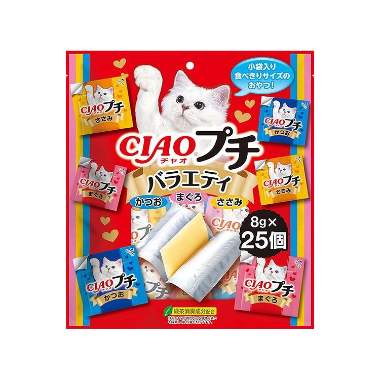 【商品説明】ぷるんとおいしい！・ぷるんとおいしい、食べきりサイズの小袋おやつです。・人気のフレーバー3種類入っているので、猫ちゃんの気分に合わせて味を楽しむことが出来ます。・緑茶消臭成分配合で、腸管内の内容物の臭いを吸着し、糞尿臭を和らげます。●原材料(成分)【まぐろ】まぐろ、まぐろエキス、寒天、糖類(オリゴ糖等)、植物性油脂、増粘安定剤(増粘多糖類、加工でん粉)、ミネラル類(Na、P、Cl)、調味料(アミノ酸)、ビタミンE、紅麹色素、緑茶エキス【かつお】かつお、かつお節エキス、寒天、糖類(オリゴ糖等)、植物性油脂、増粘安定剤(増粘多糖類、加工でん粉)、ミネラル類(Na、P、Cl)、調味料(アミノ酸)、ビタミンE、紅麹色素、緑茶エキス【ささみ】鶏肉(ささみ)、ほたてエキス、寒天、糖類(オリゴ糖等)、植物性油脂、増粘安定剤(増粘多糖類、加工でん粉)、ミネラル類(Na、P、Cl)、調味料(アミノ酸)、ビタミンE、紅麹色素、緑茶エキス●賞味／使用期限(未開封)24ヶ月※仕入れ元の規定により半年以上期限の残った商品のみ出荷致します。●保存方法別途パッケージに記載●メーカー名いなばペットフード 株式会社【送料について】北海道、沖縄、離島は送料を頂きます。