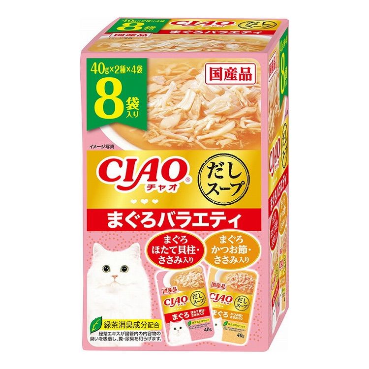 【取り寄せ品のご注意事項（ご注文前にご確認ください）】・本商品は原則注文後のキャンセルはお受けできません。・本商品と他商品で同梱注文をいただき、仮に他商品が完売等でご用意できない場合でも本商品は発送させていただきます。・本商品を複数（2点以上）注文いただき、完売等で注文数のご用意できない場合でもご用意できた数量は発送させていただきます。【商品説明】いつもよりちょっと贅沢な食事に。・多頭飼いの家庭でも安心のファミリーパック。・人気のフレーバー2種類入っているので、猫ちゃんの気分に合わせて味を楽しむことが出来ます。・緑茶消臭成分配合で、腸管内の内容物の臭いを吸着し、糞尿臭を和らげます。●原材料(成分)【まぐろ ほたて貝柱・ささみ入り】鶏肉(ささみ)、まぐろ、ほたて貝柱、ほたてエキス、糖類(オリゴ糖等)、植物性油脂、増粘安定剤(増粘多糖類、加工でん粉)、ミネラル類(Na、P、Cl)、調味料(アミノ酸)、ビタミンE、カラメル色素、カロテノイド色素、緑茶エキス【まぐろ かつお節・ささみ入り】鶏肉(ささみ)、まぐろ、まぐろ節、かつお節エキス、糖類(オリゴ糖等)、植物性油脂、ミネラル類(Na、P、Cl)、増粘安定剤(増粘多糖類、加工でん粉)、調味料(アミノ酸)、ビタミンE、カラメル色素、カロテノイド色素、緑茶エキス●賞味／使用期限(未開封)24ヶ月※仕入れ元の規定により半年以上期限の残った商品のみ出荷致します。●保存方法別途パッケージに記載●メーカー名いなばペットフード 株式会社【送料について】北海道、沖縄、離島は送料を頂きます。