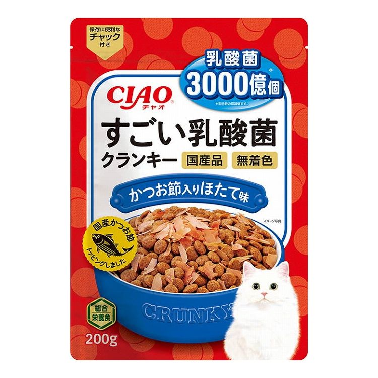 【取り寄せ品のご注意事項（ご注文前にご確認ください）】・本商品は原則注文後のキャンセルはお受けできません。・本商品と他商品で同梱注文をいただき、仮に他商品が完売等でご用意できない場合でも本商品は発送させていただきます。・本商品を複数（2点以上）注文いただき、完売等で注文数のご用意できない場合でもご用意できた数量は発送させていただきます。【商品説明】お腹の健康に乳酸菌！・乳酸菌3000億個配合により猫ちゃんの健康を維持し、おなかの調子を保ちます。・猫ちゃんの好きなかつお節をトッピング。・無着色、国産品、総合栄養食。・チャック付きで保存に便利。●原材料(成分)穀類(とうもろこし、小麦粉、パン粉等)、魚介類(フィッシュミール、フィッシュエキス、かつお節、フィッシュパウダー、ほたてエキスパウダー)、ミートミール、動物性油脂、豆類(脱脂大豆等)、ビール酵母、タンパク加水分解物、酵母細胞壁、殺菌乳酸菌、植物発酵抽出物、ミネラル類(カルシウム、リン、カリウム、鉄、亜鉛、銅、ヨウ素)、ビタミン類(A、D、E、K、B1、B2、B6、葉酸、コリン)、アミノ酸類(メチオニン、タウリン)、pH調整剤●賞味／使用期限(未開封)18ヶ月※仕入れ元の規定により半年以上期限の残った商品のみ出荷致します。●保存方法別途パッケージに記載●メーカー名いなばペットフード 株式会社【送料について】北海道、沖縄、離島は送料を頂きます。