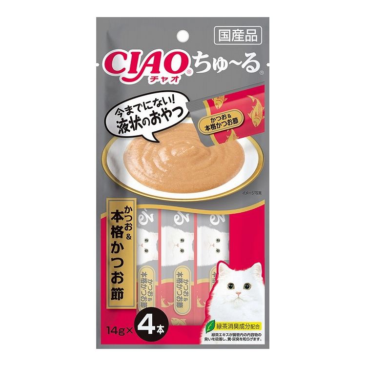 【取り寄せ品のご注意事項（ご注文前にご確認ください）】・本商品は原則注文後のキャンセルはお受けできません。・本商品と他商品で同梱注文をいただき、仮に他商品が完売等でご用意できない場合でも本商品は発送させていただきます。・本商品を複数（2点以上）注文いただき、完売等で注文数のご用意できない場合でもご用意できた数量は発送させていただきます。【商品説明】とろ〜り食べやすい液状おやつ！・一度食べたらやみつき！猫ちゃんの好きなを素材を液状にしたおやつです。・ちゅ〜っと出して、なめるだけで簡単に栄養補給。・食べきりやすい14g×4本。・緑茶消臭成分配合！緑茶エキスが腸管内の内容物の臭いを吸着し、糞尿臭を和らげます。●原材料(成分)かつお、かつお節、かつお節エキス、鰹本枯節パウダー、糖類(オリゴ糖等)、植物性油脂、増粘安定剤(加工でん粉、増粘多糖類)、ミネラル類(Na、P、Cl)、調味料(アミノ酸)、ビタミンE、紅麹色素、緑茶エキス●賞味／使用期限(未開封)24ヶ月※仕入れ元の規定により半年以上期限の残った商品のみ出荷致します。●保存方法別途パッケージに記載●メーカー名いなばペットフード 株式会社【送料について】北海道、沖縄、離島は送料を頂きます。