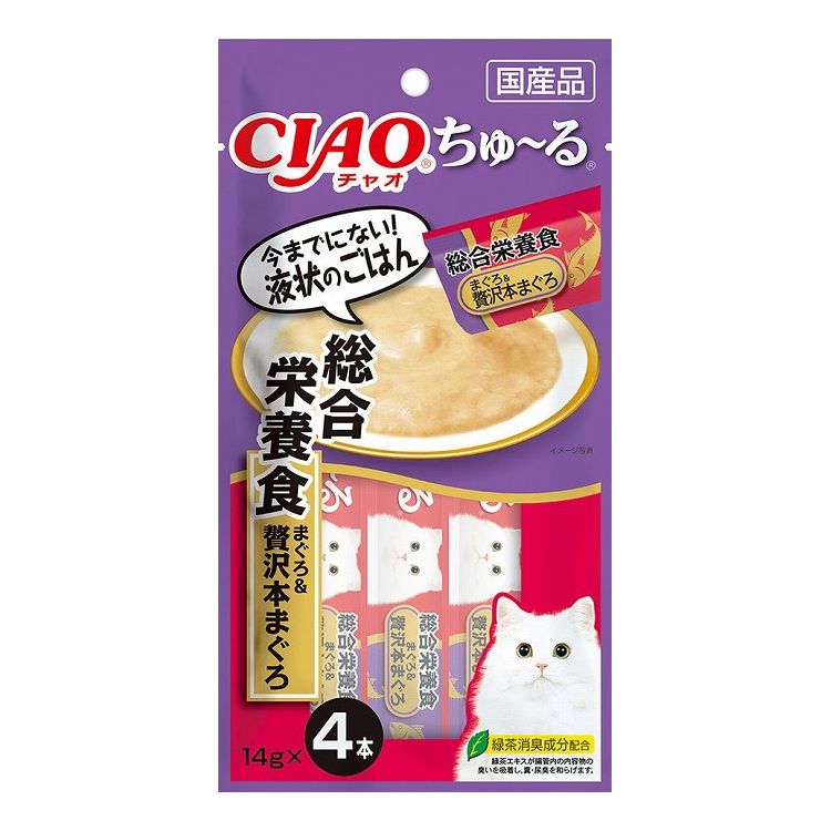 【取り寄せ品のご注意事項（ご注文前にご確認ください）】・本商品は原則注文後のキャンセルはお受けできません。・本商品と他商品で同梱注文をいただき、仮に他商品が完売等でご用意できない場合でも本商品は発送させていただきます。・本商品を複数（2点以上）注文いただき、完売等で注文数のご用意できない場合でもご用意できた数量は発送させていただきます。【商品説明】とろ〜り食べやすい液状ごはん！・一度食べたらやみつき！猫ちゃんの好きなを素材を液状にしたごはんです。(総合栄養食)・ちゅ〜っと出して、なめるだけで簡単に栄養補給。・食べきりやすい14g×4本。・緑茶消臭成分配合！緑茶エキスが腸管内の内容物の臭いを吸着し、糞尿臭を和らげます。●原材料(成分)まぐろ、鶏脂、まぐろエキス、タンパク加水分解物、糖類(オリゴ糖等)、植物性油脂、増粘安定剤(加工でん粉、増粘多糖類)、ミネラル類(Ca,Cu、Mn、Zn、I、FE、Na、P、Cl、K)、調味料(アミノ酸)、ビタミン類(A、E、B1、B2、B6、K、コリン、ビオチン、葉酸)、タウリン、紅麹色素、緑茶エキス●賞味／使用期限(未開封)18ヶ月※仕入れ元の規定により半年以上期限の残った商品のみ出荷致します。●保存方法別途パッケージに記載●メーカー名いなばペットフード 株式会社【送料について】北海道、沖縄、離島は送料を頂きます。
