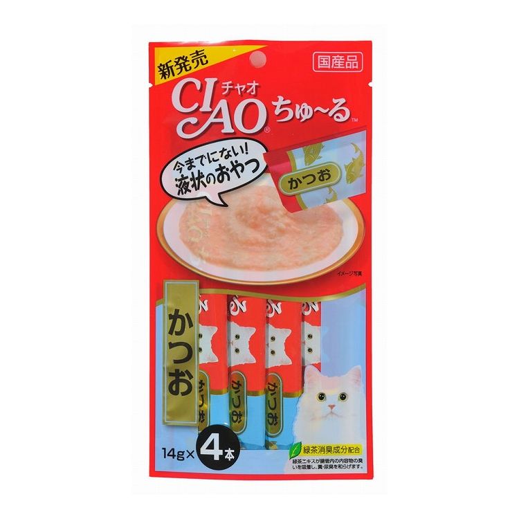 【取り寄せ品のご注意事項（ご注文前にご確認ください）】・本商品は原則注文後のキャンセルはお受けできません。・本商品と他商品で同梱注文をいただき、仮に他商品が完売等でご用意できない場合でも本商品は発送させていただきます。・本商品を複数（2点以上）注文いただき、完売等で注文数のご用意できない場合でもご用意できた数量は発送させていただきます。【商品説明】とろ〜り食べやすい液状おやつ！・一度食べたらやみつき！猫ちゃんの好きなを素材を液状にしたおやつです。・ちゅ〜っと出して、なめるだけで簡単に栄養補給。・食べきりやすい14g×4本。・緑茶消臭成分配合！緑茶エキスが腸管内の内容物の臭いを吸着し、糞尿臭を和らげます。●原材料(成分)かつお、かつお節エキス、糖類(オリゴ糖等)、植物性油脂、増粘剤(加工でん粉)、ミネラル類、増粘多糖類、調味料(アミノ酸等)、ビタミンE、緑茶エキス、紅麹色素、カラメル色素●賞味／使用期限(未開封)24ヶ月※仕入れ元の規定により半年以上期限の残った商品のみ出荷致します。●保存方法別途パッケージに記載●メーカー名いなばペットフード 株式会社【送料について】北海道、沖縄、離島は送料を頂きます。