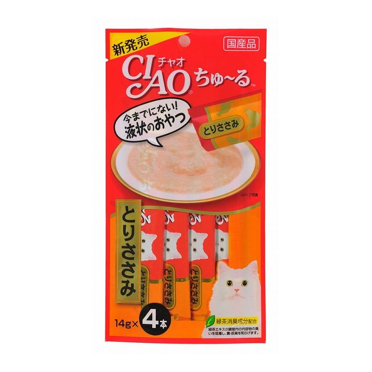 【取り寄せ品のご注意事項（ご注文前にご確認ください）】・本商品は原則注文後のキャンセルはお受けできません。・本商品と他商品で同梱注文をいただき、仮に他商品が完売等でご用意できない場合でも本商品は発送させていただきます。・本商品を複数（2点以上）注文いただき、完売等で注文数のご用意できない場合でもご用意できた数量は発送させていただきます。【商品説明】とろ〜り食べやすい液状おやつ！・一度食べたらやみつき！猫ちゃんの好きなを素材を液状にしたおやつです。・ちゅ〜っと出して、なめるだけで簡単に栄養補給。・食べきりやすい14g×4本。・緑茶消臭成分配合！緑茶エキスが腸管内の内容物の臭いを吸着し、糞尿臭を和らげます。●原材料(成分)鶏肉(とりささみ)、ほたてエキス、糖類(オリゴ糖等)、植物性油脂、増粘安定剤(加工でん粉、増粘多糖類)、ミネラル類(Na、P、Cl)、調味料(アミノ酸等)、ビタミンE、緑茶エキス、カラメル色素、カロテノイド色素●賞味／使用期限(未開封)24ヶ月※仕入れ元の規定により半年以上期限の残った商品のみ出荷致します。●保存方法別途パッケージに記載●メーカー名いなばペットフード 株式会社【送料について】北海道、沖縄、離島は送料を頂きます。