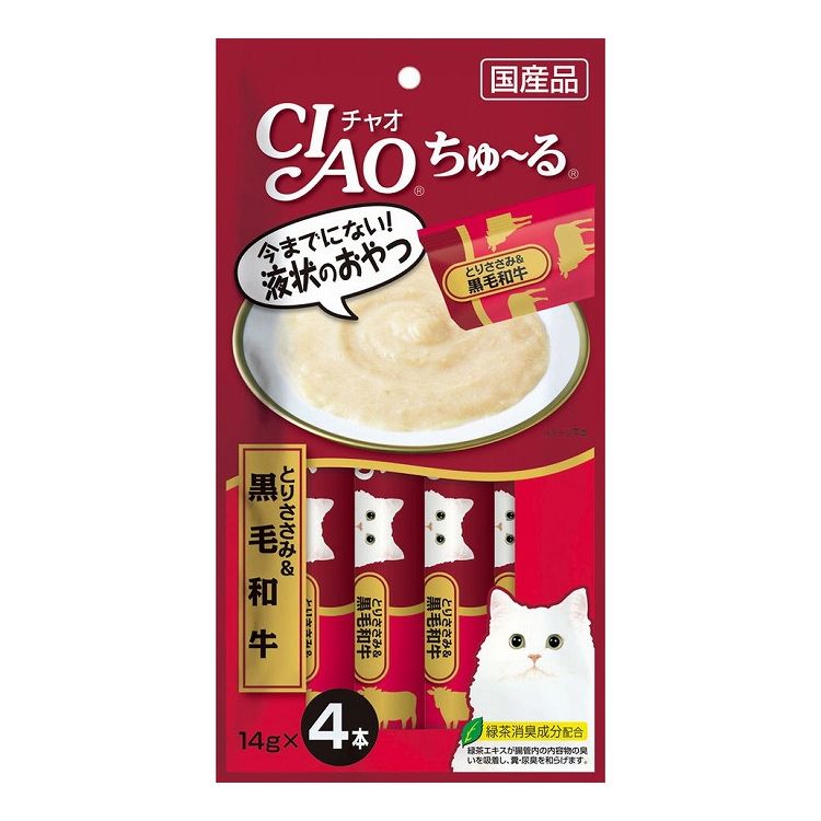 【取り寄せ品のご注意事項（ご注文前にご確認ください）】・本商品は原則注文後のキャンセルはお受けできません。・本商品と他商品で同梱注文をいただき、仮に他商品が完売等でご用意できない場合でも本商品は発送させていただきます。・本商品を複数（2点以上）注文いただき、完売等で注文数のご用意できない場合でもご用意できた数量は発送させていただきます。【商品説明】とろ〜り食べやすい液状おやつ！・一度食べたらやみつき！猫ちゃんの好きなを素材を液状にしたおやつです。・ちゅ〜っと出して、なめるだけで簡単に栄養補給。・食べきりやすい14g×4本。・緑茶消臭成分配合！緑茶エキスが腸管内の内容物の臭いを吸着し、糞尿臭を和らげます。●原材料(成分)鶏肉(ささみ)、和牛、ビーフエキス、タンパク加水分解物、糖類(オリゴ糖等)、植物性油脂、増粘剤(加工でん粉)、ミネラル類、増粘多糖類、調味料(アミノ酸等)、ビタミンE、紅麹色素、緑茶エキス●賞味／使用期限(未開封)24ヶ月※仕入れ元の規定により半年以上期限の残った商品のみ出荷致します。●保存方法別途パッケージに記載●メーカー名いなばペットフード 株式会社【送料について】北海道、沖縄、離島は送料を頂きます。