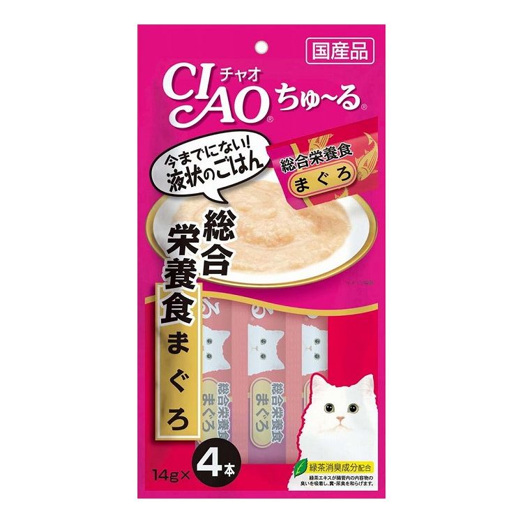 【商品説明】とろ〜り食べやすい液状ごはん！今までにない液状のおやつです。ちゅ〜るっと出して、猫ちゃんがペロペロなめて楽しめます。まぐろをペーストにしました。1歳からの成猫に必要な栄養をバランスよく配合した総合栄養食です。●原材料(成分)まぐろ、鶏脂、まぐろエキス、タンパク加水分解物、糖類(オリゴ糖等)、植物性油脂、増粘剤(加工でん粉)、ミネラル類(Ca、Cu、Mn、Zn、I、Fe、Na、P、Cl、K)、増粘多糖類、ビタミン類(A、E、B1、B2、B6、K、コリン、ビオチン、葉酸)、調味料(アミノ酸等)、紅麹色素、タウリン、緑茶エキス●賞味／使用期限(未開封)24ヶ月※仕入れ元の規定により半年以上期限の残った商品のみ出荷致します。●保存方法別途パッケージに記載●メーカー名いなばペットフード 株式会社【送料について】北海道、沖縄、離島は送料を頂きます。