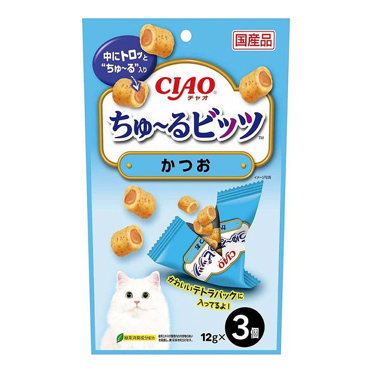 【取り寄せ品のご注意事項（ご注文前にご確認ください）】・本商品は原則注文後のキャンセルはお受けできません。・本商品と他商品で同梱注文をいただき、仮に他商品が完売等でご用意できない場合でも本商品は発送させていただきます。・本商品を複数（2点以上）注文いただき、完売等で注文数のご用意できない場合でもご用意できた数量は発送させていただきます。【商品説明】与えやすく食べやすい！・外はふっくら、中にトロッとちゅ〜るが入っているため、2つの食感が楽しめます。・与えやすく食べやすいビッツタイプのおやつ。・保存料不使用・緑茶消臭成分配合で、腸管内の内容物の臭いを吸着し、糞尿臭を和らげます。・出しやすく、見た目も可愛いテトラパック。●原材料(成分)鶏肉(ささみ)、かつお、かつお節、鶏脂、糖類(オリゴ糖等)、かつお節エキス、寒天、卵白粉末、酵母エキス、植物性油脂、増粘多糖類、増粘剤(加工でん粉)、ミネラル類、調味料(アミノ酸等)、ビタミンE、紅麹色素、緑茶エキス●賞味／使用期限(未開封)24ヶ月※仕入れ元の規定により半年以上期限の残った商品のみ出荷致します。●保存方法別途パッケージに記載●メーカー名いなばペットフード 株式会社【送料について】北海道、沖縄、離島は送料を頂きます。