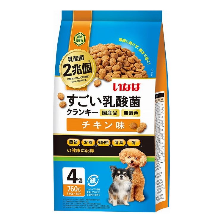 【取り寄せ品のご注意事項（ご注文前にご確認ください）】・本商品は原則注文後のキャンセルはお受けできません。・本商品と他商品で同梱注文をいただき、仮に他商品が完売等でご用意できない場合でも本商品は発送させていただきます。・本商品を複数（2点以上）注文いただき、完売等で注文数のご用意できない場合でもご用意できた数量は発送させていただきます。【商品説明】お腹の健康に乳酸菌！・乳酸菌3000億個配合で、わんちゃんの健康を維持し、お腹の調子を保ちます。・総合栄養食・関節、お腹、皮膚・被毛、消臭、胃の健康に配慮・野菜パウダーをトッピング。・保存に便利なチャック付き。●原材料(成分)穀類(とうもろこし、小麦粉、コーングルテンフィード、米糠、コーングルテンミール)、肉類(ミートミール、チキンレバーパウダー、チキンエキスパウダー)、豆類(脱脂大豆、乾燥おから等)、ビール酵母、動物性油脂、ミルクエキス、魚介類(フィッシュミール、フィッシュエキスパウダー)、コラーゲンペプチド、殺菌乳酸菌、N-アセチルグルコサミン、植物発酵抽出物、ミネラル類(カルシウム、リン、塩化ナトリウム、鉄、亜鉛、銅、ヨウ素)、ビタミン類(A、D、E、B2、B12、パントテン酸、コリン)、アルギニングルタミン酸塩●賞味／使用期限(未開封)18ヶ月※仕入れ元の規定により半年以上期限の残った商品のみ出荷致します。●保存方法別途パッケージに記載●メーカー名いなばペットフード 株式会社【送料について】北海道、沖縄、離島は送料を頂きます。