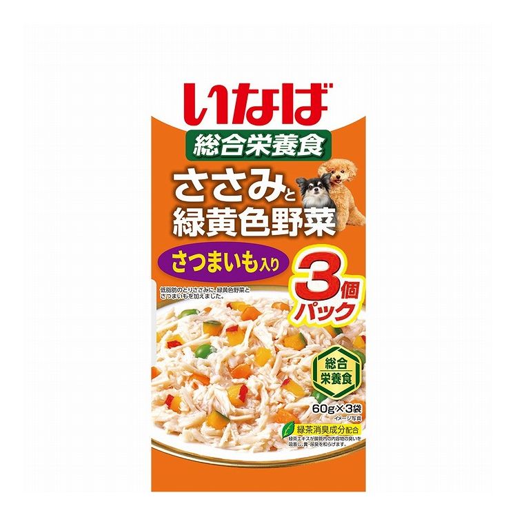 【取り寄せ品のご注意事項（ご注文前にご確認ください）】・本商品は原則注文後のキャンセルはお受けできません。・本商品と他商品で同梱注文をいただき、仮に他商品が完売等でご用意できない場合でも本商品は発送させていただきます。・本商品を複数（2点以上）注文いただき、完売等で注文数のご用意できない場合でもご用意できた数量は発送させていただきます。【商品説明】毎日の食事に！・ささみをベースに緑黄色野菜とワンちゃんが大好きなさつまいもをトッピングしました。・ゼリータイプなので、スルッと出せます。・総合栄養食・ビタミンE配合・緑茶消臭成分配合で腸管内の内容物の臭いを吸着し、糞・尿臭を和らげます。●原材料(成分)鶏肉(ささみ)、野菜(さつまいも、人参、かぼちゃ、グリンピース)、大豆油、でん粉、寒天、ミネラル類(Ca、Fe、Cu、Mn、Zn、I、K、Mg、Se)、増粘多糖類、ビタミン類(A、D3、E、B1、B2、B6、葉酸、B12、コリン、ビオチン)、紅麹色素、緑茶エキス●賞味／使用期限(未開封)24ヶ月※仕入れ元の規定により半年以上期限の残った商品のみ出荷致します。●保存方法別途パッケージに記載●メーカー名いなばペットフード 株式会社【送料について】北海道、沖縄、離島は送料を頂きます。