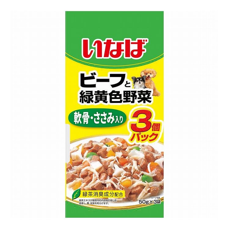 【取り寄せ品のご注意事項（ご注文前にご確認ください）】・本商品は原則注文後のキャンセルはお受けできません。・本商品と他商品で同梱注文をいただき、仮に他商品が完売等でご用意できない場合でも本商品は発送させていただきます。・本商品を複数（2点以上）注文いただき、完売等で注文数のご用意できない場合でもご用意できた数量は発送させていただきます。【商品説明】毎日の食事に！・牛肉をベースに緑黄色野菜とワンちゃんが大好きな軟骨とささみをトッピングしました。・ゼリータイプなので、スルッと出せます。・総合栄養食・ビタミンE配合・緑茶消臭成分配合で腸管内の内容物の臭いを吸着し、糞・尿臭を和らげます。●原材料(成分)鶏肉(レバー、ささみ、軟骨)、野菜(人参、かぼちゃ、グリンピース)、牛肉、パン粉、鶏脂、卵白粉末、でん粉、タンパク加水分解物、ビーフエキス、寒天、カゼインナトリウム、増粘多糖類、乳酸カルシウム、ビタミンE、紅麹色素、緑茶エキス●賞味／使用期限(未開封)24ヶ月※仕入れ元の規定により半年以上期限の残った商品のみ出荷致します。●保存方法別途パッケージに記載●メーカー名いなばペットフード 株式会社【送料について】北海道、沖縄、離島は送料を頂きます。