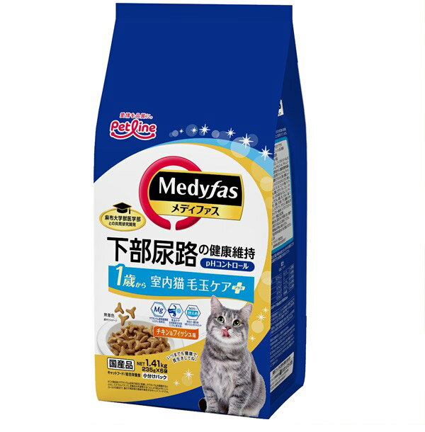 樂天商城 - ペットライン メディファス 室内猫 毛玉ケアプラス 1歳から チキン&フィッシュ味 1.41kg (235g×6)