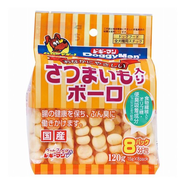 【商品説明】口当たりの軽い、おいも入りのおやつ！・愛犬が大好きなさつまいもを使用した口当たりの軽いボーロ。・さつまいもを加えた生地の中にはオリゴ糖やカルシウムなどをミックス。・食物繊維をはじめ、愛犬のおなかを守るやさしい成分をミックスしたボーロ。・排便臭などの愛犬のニオイにも配慮し天然消臭剤のシャンピニオンエキス配合。・高齢犬や室内飼育の愛犬のおやつにぴったり。・サクサクした軽めの口当たりで噛む力の弱い小型犬、幼犬のおやつにも。・15g×8パック分包で使いやすい。●原材料(成分)馬鈴薯でん粉、水飴、砂糖、小麦粉、卵、オリゴ糖、液糖、脱脂粉乳、さつまいも、シャンピニオンエキス、ミネラル類(カルシウム)、膨張剤、香料、着色料(パプリカ、ベニバナ)●賞味／使用期限(未開封)12ヶ月※仕入れ元の規定により半年以上期限の残った商品のみ出荷致します●保存方法別途パッケージに記載●原産国または製造地日本●メーカー名ドギーマンハヤシ 株式会社【送料について】北海道、沖縄、離島は送料を頂きます。