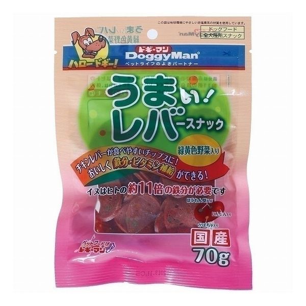 【取り寄せ品のご注意事項（ご注文前にご確認ください）】・本商品は原則注文後のキャンセルはお受けできません。・本商品と他商品で同梱注文をいただき、仮に他商品が完売等でご用意できない場合でも本商品は発送させていただきます。・本商品を複数（2点以上）注文いただき、完売等で注文数のご用意できない場合でもご用意できた数量は発送させていただきます。【商品説明】チキンレバーが食べやすいチップスに！・大好きなレバーでおいしく、効率よく、鉄分やビタミンが補給できます。野菜を加えることでさらに栄養バランスをアップさせました。・小型犬にも与えやすい丸くてかわいいチップスタイプ。●原材料(成分)鶏肉(レバー、ササミ)、小麦粉、コーンスターチ、にんじん、かぼちゃ、ほうれん草、ソルビトール、グリセリン、リン酸塩(Na)、保存料(ソルビン酸カリウム)、発色剤(亜硝酸ナトリウム)、食用色素(β-カロテン、カラメル、赤106、青1)●賞味／使用期限(未開封)12ヶ月※仕入れ元の規定により半年以上期限の残った商品のみ出荷致します●保存方法別途パッケージに記載●原産国または製造地日本●メーカー名ドギーマンハヤシ 株式会社【送料について】北海道、沖縄、離島は送料を頂きます。