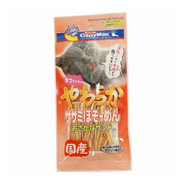 【商品説明】鶏ササミを白身魚の旨味と香りでサンド！・鶏肉の中で最も低脂肪のササミを、白身魚でサンド。おくちいっぱいに旨味がジュワーッと広がります。・やわらかな質感を保ちながら、デリケートな口にあうよう、細くカットしています。・噛む力の弱い幼猫や高齢猫へのおやつにもぴったり。●原材料(成分)鶏ささみ、魚肉加工品、糖類、グリセリン、ソルビトール、酸化防止剤(エリソルビン酸Na、亜硫酸Na)、ミネラル類(ナトリウム)、リン酸塩(Na)、調味料、保存料(ソルビン酸カリウム)、タウリン、発色剤(亜硝酸ナトリウム)●賞味／使用期限(未開封)12ヶ月※仕入れ元の規定により半年以上期限の残った商品のみ出荷致します●保存方法別途パッケージに記載●原産国または製造地日本●メーカー名ドギーマンハヤシ 株式会社【送料について】北海道、沖縄、離島は送料を頂きます。