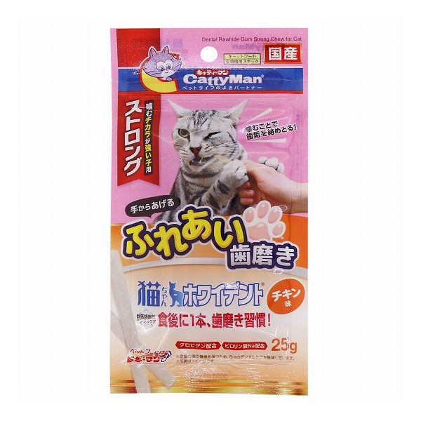 【取り寄せ品のご注意事項（ご注文前にご確認ください）】・本商品は原則注文後のキャンセルはお受けできません。・本商品と他商品で同梱注文をいただき、仮に他商品が完売等でご用意できない場合でも本商品は発送させていただきます。・本商品を複数（2点以上）注文いただき、完売等で注文数のご用意できない場合でもご用意できた数量は発送させていただきます。【商品説明】牛皮と鶏ささみがベースのしっかり噛める猫用ガムおやつ。・牛皮と鶏ささみがベースのしっかり噛める猫用ガムおやつ。・オーナーさんが手に持って噛ませることができ、愛猫が何度もしっかり噛んで歯みがきを実感できます。・牛皮特有の繊維が歯にしっかり絡み付き、歯を拭きます。歯みがきをさせてくれない猫ちゃんにもうれしいガムです。・グロビゲン、ピロリン酸ナトリウムを配合し、おいしく食べながら刺繍の健康を維持します。・おいしくしっかり噛める、猫ちゃん用の国産(日本製)デンタルおやつです。●原材料(成分)牛皮、鶏ささみ、米粉、でん粉類、卵黄粉末(グロビゲン)、グリセリン、増粘安定剤(加工でん粉、グァーガム)、酸化防止剤(亜硫酸塩、エリソルビン酸ナトリウム)、膨張剤、保存料(ソルビン酸カリウム)、香料、ピロリン酸ナトリウム●賞味／使用期限(未開封)12ヶ月※仕入れ元の規定により半年以上期限の残った商品のみ出荷致します●保存方法別途パッケージに記載●原産国または製造地日本●メーカー名ドギーマンハヤシ 株式会社【送料について】北海道、沖縄、離島は送料を頂きます。