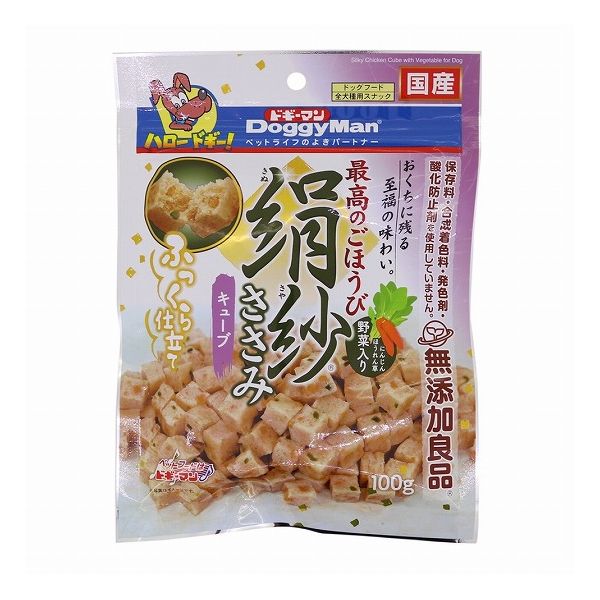 【商品説明】ササミたっぷりやわらか新食感のおやつ！・絹のようになめらかで、ふんわりやさしい口当たり・おくちの中にふわっと広がる、ささみの旨みと香り・ビタミン、ミネラルを含むにんじん、ほうれん草入り・健康維持にグルコサミン、コンドロイチン、コラーゲン配合・保存料、合成着色料、発色剤、酸化防止剤不使用●原材料(成分)肉類(鶏ササミ、鶏胸肉、鶏肉)、小麦粉、糖類、タピオカでん粉、植物油脂、野菜類(ほうれん草、にんじん)、コラーゲンペプチド、魚軟骨抽出物(コンドロイチン含有)、グリセリン、トレハロース、ソルビトール、膨張剤、ミネラル類(ナトリウム)、ポリリン酸ナトリウム、着色料(クチナシ、ルテイン、クロレラ)、グルコサミン●賞味／使用期限(未開封)12ヶ月※仕入れ元の規定により半年以上期限の残った商品のみ出荷致します●保存方法別途パッケージに記載●原産国または製造地日本●メーカー名ドギーマンハヤシ 株式会社【送料について】北海道、沖縄、離島は送料を頂きます。