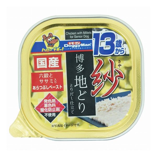 【取り寄せ品のご注意事項（ご注文前にご確認ください）】・本商品は原則注文後のキャンセルはお受けできません。・本商品と他商品で同梱注文をいただき、仮に他商品が完売等でご用意できない場合でも本商品は発送させていただきます。・本商品を複数（2点以上）注文いただき、完売等で注文数のご用意できない場合でもご用意できた数量は発送させていただきます。【商品説明】「はかた地どり」を使用。満足感のためのあらつぶしペースト。・旨み成分が豊富な「はかた地どり」を使用。・シニア犬の食べやすさ、満足感のためのあらつぶしペースト。・国産米とビタミン、ミネラル、食物繊維が豊富な5種類の雑穀入り(もちきび、もち粟、丸麦、ひえ、アマランサス)。雑穀特有の香ばしい香りや甘みも魅力です。・鶏肉の旨みが濃厚な「とりだし仕立て」。・低脂肪高たん白のササミ入り。・発色剤、着色料、酸化防止剤、不使用。●原材料(成分)肉類(はかた地どり胸肉、鶏ササミ、チキンエキス等)、穀類(白米、もちきび、もち粟、丸麦、ひえ、アマランサス)、魚軟骨抽出物(コンドロイチン含有)、増粘多糖類、ミネラル類(カリウム)、ビタミン類(A、B1、B2、B6、B12、C、D、E、ナイアシン、パントテン酸、葉酸)、グルコサミン●賞味／使用期限(未開封)製造から24ヶ月※仕入れ元の規定により半年以上期限の残った商品のみ出荷致します●保存方法別途パッケージに記載●原産国または製造地日本●メーカー名ドギーマンハヤシ 株式会社【送料について】北海道、沖縄、離島は送料を頂きます。