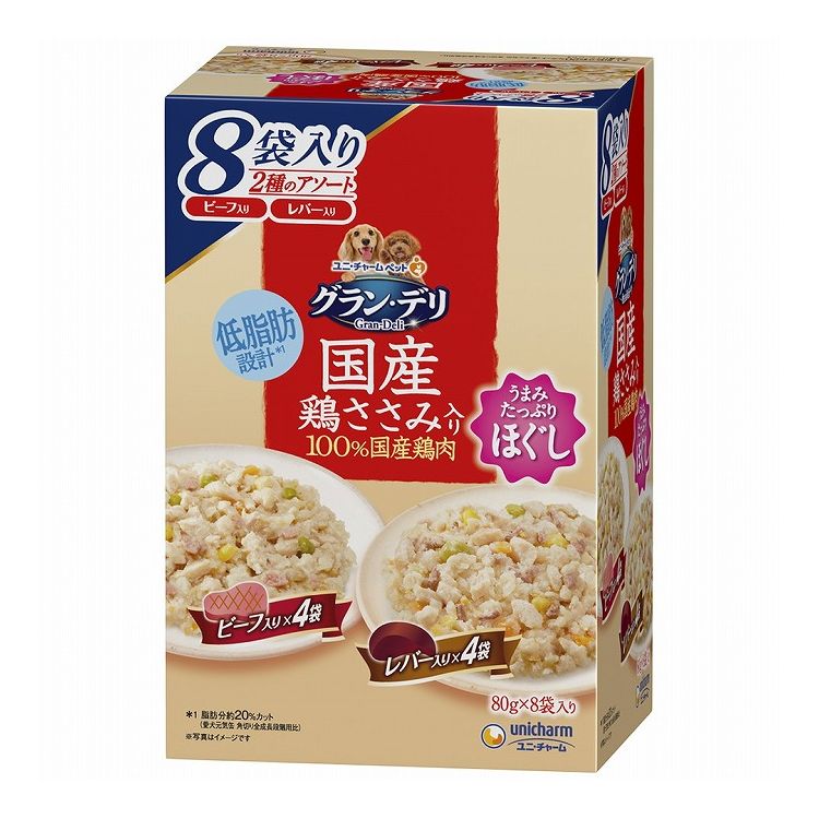 【取り寄せ品のご注意事項（ご注文前にご確認ください）】・本商品は原則注文後のキャンセルはお受けできません。・本商品と他商品で同梱注文をいただき、仮に他商品が完売等でご用意できない場合でも本商品は発送させていただきます。・本商品を複数（2点以上）注文いただき、完売等で注文数のご用意できない場合でもご用意できた数量は発送させていただきます。【商品説明】100％国産鶏肉を使用したパウチ・良質な国産鶏肉を調理した、おいしい鶏ささみ入りのレトルトパウチです。・ビーフとレバー入りがそれぞれ4袋ずつ入った8袋入りのバラエティパック・ほぐし仕立てのゼリータイプ●原材料(成分)【ビーフ入り】肉類(鶏胸肉、ビーフ、ささみ)、野菜類(ニンジン、グリーンピース、スイートコーン)、しょうゆ、増粘多糖類、塩化カリウム、酸化防止剤(EDTA-Ca・Na)【レバー入り】肉類(鶏胸肉、鶏レバー、ささみ)、野菜類(ニンジン、グリーンピース、スイートコーン)、しょうゆ、増粘多糖類、塩化カリウム、酸化防止剤(EDTA-Ca・Na)●エネルギー45kcal/1袋●賞味／使用期限(未開封)720日※仕入れ元の規定により3ヵ月を切った商品は出荷致しません●保存方法・直射日光を避け、常温で保管してください。・開封後は早めに与えてください。●原産国または製造地日本【送料について】北海道、沖縄、離島は送料を頂きます。
