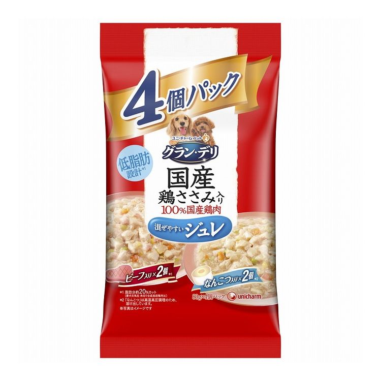 樂天商城 - ユニチャーム グラン・デリ 国産鶏ささみパウチ ジュレ 成犬用4個パック ビーフ×なんこつ 80g×4個