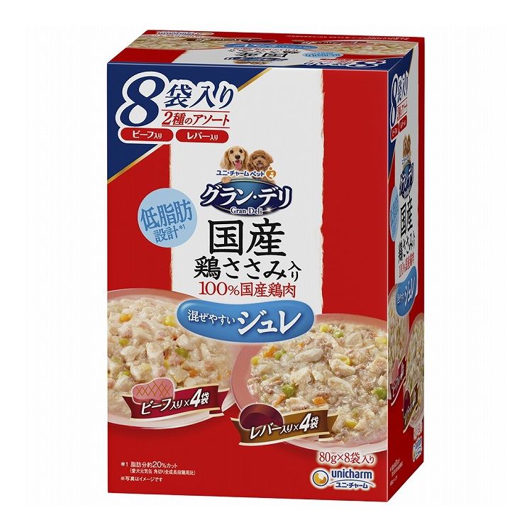 乐天商城 - 【4個セット】 ユニチャーム グラン・デリ 国産鶏ささみパウチ ジュレ 成犬用8袋パック ビーフ入り&レバー入り 80g×8袋【送料無料】