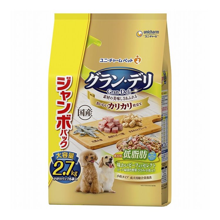 【取り寄せ品のご注意事項（ご注文前にご確認ください）】・本商品は原則注文後のキャンセルはお受けできません。・本商品と他商品で同梱注文をいただき、仮に他商品が完売等でご用意できない場合でも本商品は発送させていただきます。・本商品を複数（2点以上）注文いただき、完売等で注文数のご用意できない場合でもご用意できた数量は発送させていただきます。【商品説明】素材の美味しさあふれる、国産総合栄養食グラン・デリは、愛犬が大好きな素材を豊富に使用して「美味しさと栄養バランス」を考えた小粒設計のドライタイプのフードです。体重が気になる愛犬にぴったりの低脂肪設計●原材料(成分)穀物(トウモロコシ、パン粉、小麦粉)、肉類(チキンミール、チキンエキス、チキン、ビーフ、ボークミール、ビーフミール、ササミパウダー)、豆類(大豆、大豆タンパク、脱脂大豆、大豆エキス、大豆パウダー)、動物性油脂、野菜類(ビートパルプ、ニンジンパウダー、カボチャパウダー、ホウレンソウパウダー)、ブドウ糖果糖液糖、乾燥小魚、チーズパウダー、セルロースパウダー、ビール酵母、グリセリン、プロピレングリコール、ミネラル類(カルシウム、塩素、銅、鉄、ヨウ素、カリウム、ナトリウム、リン、セレン、亜鉛)、ソルビトール、保存料(ソルビン酸K)、調味料、ビタミン類(A、B1、B2、B6、B12、D、E、K、コリン、パントテン酸、葉酸)、乳化剤、着色料(二酸化チタン、赤色106号、黄色4号、黄色5号、青色1号)、pH調整剤、増粘安定剤(アルギン酸エステル)、酸化防止剤(エリソルビン酸Na、ミックストコフェロール、ハーブエキス)●エネルギー約340kcal/100g●賞味／使用期限(未開封)540日※仕入れ元の規定により3ヵ月を切った商品は出荷致しません●保存方法・高温多湿や直射日光を避け、風通しのよい場所に保管してください。・保管状態によっては、風味が落ちる場合がありますが、与えても差し支えありません。・開封後はほこりや虫が入らないよう、チャックを閉じて、要冷蔵にて保管し、早めに使い切って下さい。・食品、食器、おもちゃ、ペット用品等と区別し、小児の手の届かない場所に保管してください。●原産国または製造地日本【送料について】北海道、沖縄、離島は送料を頂きます。