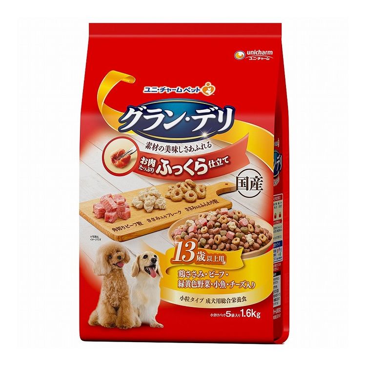 樂天商城 - 【4個セット】 ユニチャーム グラン・デリ ふっくら仕立て 13歳以上用 鶏ささみ・ビーフ・緑黄色野菜・小魚・チーズ・角切りビーフ粒入り 1.6kg【送料無料】