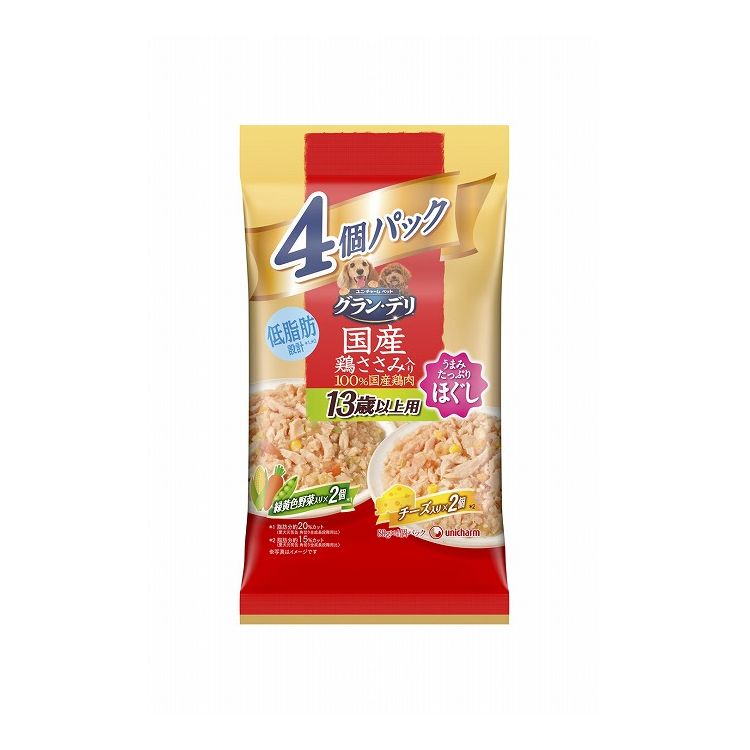 【取り寄せ品のご注意事項（ご注文前にご確認ください）】・本商品は原則注文後のキャンセルはお受けできません。・本商品と他商品で同梱注文をいただき、仮に他商品が完売等でご用意できない場合でも本商品は発送させていただきます。・本商品を複数（2点以上）注文いただき、完売等で注文数のご用意できない場合でもご用意できた数量は発送させていただきます。【商品説明】素材のおいしさあふれる！・100％国産の良質な鶏肉を調理・美味しい鶏ささみ入りレトルトパウチ・愛犬が大好きなほぐし仕立てのゼリータイプ・緑黄色野菜入りと緑黄色野菜・チーズ入りがそれぞれ2個ずつ入った嬉しいアソート4個パック・13歳からの愛犬の健康維持を考えて、ビタミンB群・Eを調整。さらにビタミンCを配合。●原材料(成分)【緑黄色野菜入り】肉類(鶏胸肉、鶏ササミ)、野菜類(ニンジン、グリーンピース、スイートコーン)、しょうゆ、増粘多糖類、塩化カリウム、酸化防止剤(EDTACa・Na)、ビタミン類(B1、B2、B6、B12、C、E)、グルコサミン、コンドロイチン【チーズ入り】肉類(鶏胸肉、鶏ササミ)、野菜類(ニンジン、グリーンピース、スイートコーン)、チーズ、しょうゆ、増粘多糖類、塩化カリウム、酸化防止剤(EDTACa・Na)、ビタミン類(B1、B2、B6、B12、C、E)、グルコサミン、コンドロイチン●エネルギー【緑黄色野菜】約45kcal/1袋【チーズ】約48kcal/1袋●賞味／使用期限(未開封)24ヶ月※仕入れ元の規定により3ヵ月を切った商品は出荷致しません●保存方法別途パッケージに記載●原産国または製造地日本【送料について】北海道、沖縄、離島は送料を頂きます。