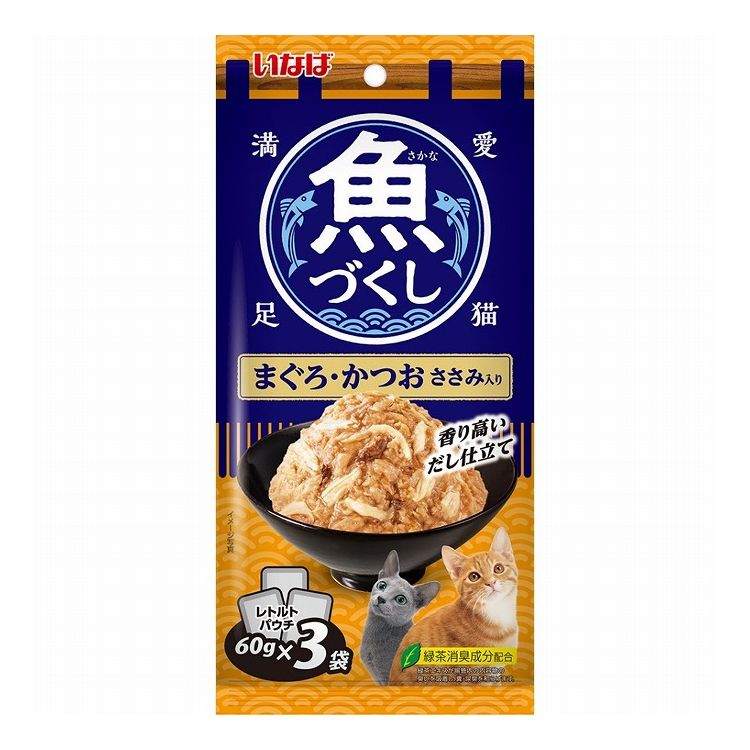 【取り寄せ品のご注意事項（ご注文前にご確認ください）】・本商品は原則注文後のキャンセルはお受けできません。・本商品と他商品で同梱注文をいただき、仮に他商品が完売等でご用意できない場合でも本商品は発送させていただきます。・本商品を複数（2点以上）注文いただき、完売等で注文数のご用意できない場合でもご用意できた数量は発送させていただきます。【商品説明】香り高いだし仕立て！・まぐろとかつおを猫ちゃんの食べやすい細かめのフレークで仕上げささみを加えました。・スルッと出しやすいやわらかなゼリータイプ・緑茶消臭成分配合(緑茶エキスが腸管内の内容物の臭いを吸着し、糞・尿臭を和らげます)・1袋3パック入りで多頭飼いの家庭でも便利●原材料(成分)かつお、まぐろ、鶏肉(ささみ)、かつおエキス、寒天、増粘多糖類、ビタミンE、緑茶エキス●賞味／使用期限(未開封)24ヶ月※仕入れ元の規定により半年以上期限の残った商品のみ出荷致します。●保存方法別途パッケージに記載●メーカー名いなばペットフード 株式会社【送料について】北海道、沖縄、離島は送料を頂きます。