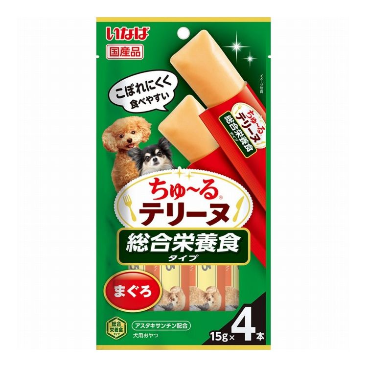 【商品説明】こぼれにくく食べやすい！！・わんちゃんの大好きなちゅ〜るを噛んで食べられるテリーヌタイプに仕上げました。・まぐろの美味しさたっぷりおやつです。・アスタキサンチン配合・総合栄養食〇原材料まぐろ、トウモロコシ粉、鶏脂、ほたてエキス、酵母エキス、酵母、ミネラル類(Ca、P、K、Cl、Mg、Fe、Cu、Mn、Zn、I)、ビタミン類(A、D3、E、B1、B2、パントテン酸、葉酸、B12、コリン)、サイリウム、ヘマトコッカス藻色素(アスタキサンチン含有)〇賞味／使用期限(未開封)24ヶ月※仕入れ元の規定により3ヶ月以上期限の残った商品のみ出荷致します。〇保管方法〇給与方法・おやつとして与える場合はいつもの食事量を減らすなど調整した上で、パッケージ記載の表を目安にお与えください。〇原産国日本いなばペットフード 株式会社いなばペットフード 株式会社〇諸注意・何らかの異常に気づかれた場合は早めに獣医師に相談することをおすすめします。・袋への噛みつき、誤飲にご注意ください。【取り寄せ品のご注意事項（ご注文前にご確認ください）】・本商品は原則注文後のキャンセルはお受けできません。・本商品と他商品で同梱注文をいただき、仮に他商品が完売等でご用意できない場合でも本商品は発送させていただきます。・本商品を複数（2点以上）注文いただき、完売等で注文数のご用意できない場合でもご用意できた数量は発送させていただきます。【送料について】北海道、沖縄、離島は送料を頂きます。LINK単品6個セット12個セット24個セット