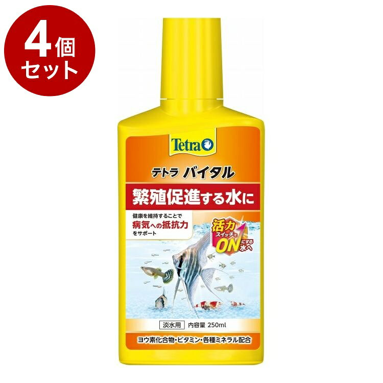 【商品説明】テトラバイタルに含まれるヨウ素は甲状腺ホルモン(サイロキシン・トリヨードサイロニン)を構成する魚の必須元素のひとつで、健全なグッピー飼育や成長期のディスカス飼育をはじめ、すべての魚の成長、発色に最適な水質をつくります。淡水用。○材質水、他○メーカー名スペクトラムブランズジャパン株式会社【取り寄せ品のご注意事項（ご注文前にご確認ください）】・本商品は原則注文後のキャンセルはお受けできません。・本商品と他商品で同梱注文をいただき、仮に他商品が完売等でご用意できない場合でも本商品は発送させていただきます。・本商品を複数（2点以上）注文いただき、完売等で注文数のご用意できない場合でもご用意できた数量は発送させていただきます。【送料について】北海道、沖縄、離島は送料を頂きます。