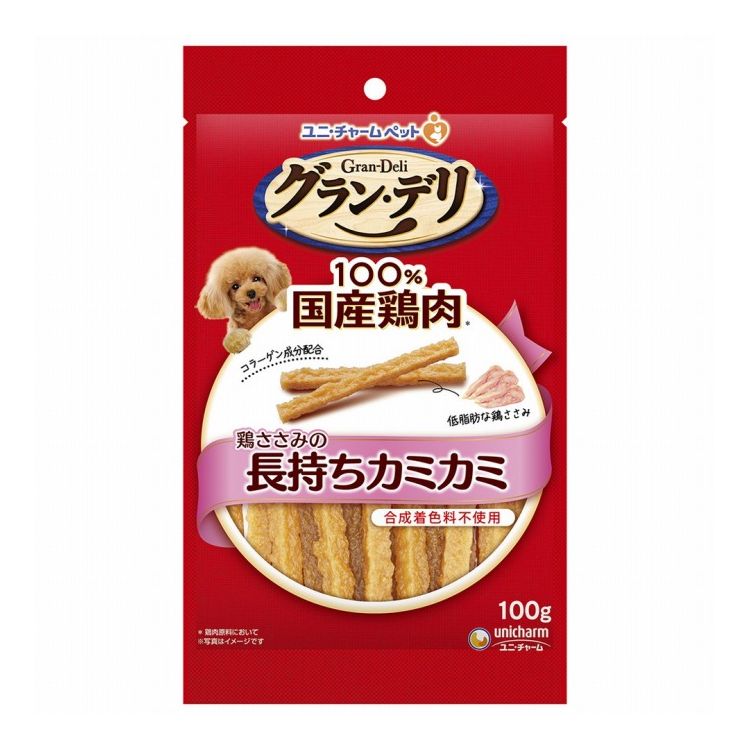 【商品説明】・100％国産鶏肉を使用し、使用シーンに合わせた色々なタイプがある美味しいおやつ・おいしく適度な堅さに仕上げた長持ちタイプ・鶏ささみのおやつ・コラーゲン成分配合・ハードタイプ・おいしく噛んで、歯の健康〇原材料(成分)コーンスターチ、ゼラチン(コラーゲン成分として)、ささみ、小麦グルテン、豆類(大豆エキス、大豆タンパク)、植物性油脂、酵母、ソルビトール、プロピレングリコール、増粘安定剤(カードラン)、食塩、調味料、保存料(ソルビン酸)、リン酸塩、酸化防止剤(アスコルビン酸Na、ミックストコフェロール)〇賞味／使用期限(未開封)12ヶ月※仕入れ元の規定により3ヶ月以上期限の残った商品のみ出荷致します。〇保存方法・高温多湿や直射日光を避け、風通しの良い場所に保管してください。・保管状態によっては、風味が落ちる場合がありますが、与えても差し支えありません。・開封後はほこりや虫が入らないよう、チャックを閉じて、要冷蔵にて保管し、早めに使い切ってください。・食品、食器、おもちゃ、ペット用品等と区別し、小児の手の届かない場所に保管してください。・本品の空き袋をおもちゃにしないでください。・冷蔵保管の際や保管状態によっては、製品が硬くなることがありますが、品質には問題ありません。〇原産国日本〇メーカー名ユニ・チャーム株式会社【送料について】北海道、沖縄、離島は送料を頂きます。