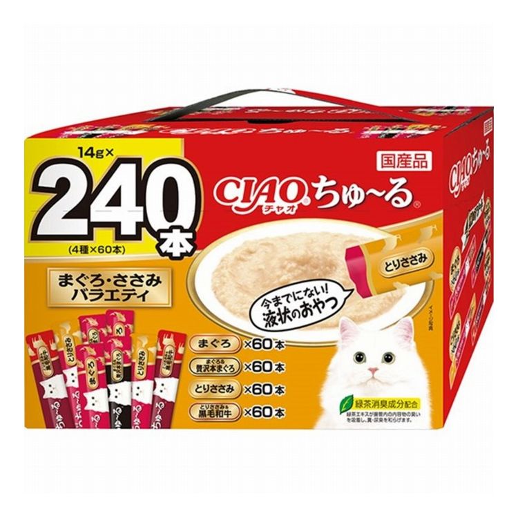 【商品説明】・食べきりサイズの液状おやつ。・おいしすぎてとまらニャい♪一度与えたらやみつきになるおいしさ。素材の旨みがたっぷりつまった贅沢な仕上がりです。・まぐろ、まぐろ＆贅沢本まぐろ、とりささみ、とりささみ＆黒毛和牛の4フレーバー×各60本の計240本入り。・多頭飼の方にもおすすめな超大容量パック。取っ手付きで持ち運びやすい、紙製BOXを使用。・緑茶消臭成分配合で、腸管内の内容物の臭いを吸着し、糞尿臭を和らげます。○原材料(成分)【まぐろ】まぐろ、まぐろエキス、タンパク加水分解物、糖類(オリゴ糖等)、植物性油脂、増粘安定剤(加工でん粉、増粘多糖類)、ミネラル類(Na、P、Cl)、調味料(アミノ酸)、ビタミンE、緑茶エキス【まぐろ＆贅沢本まぐろ】まぐろ、まぐろエキス、タンパク加水分解物、糖類(オリゴ糖等)、植物性油脂、増粘安定剤(加工でん粉、増粘多糖類)、ミネラル類(Na、P、Cl)、調味料(アミノ酸)、ビタミンE、緑茶エキス【とりささみ】鶏肉(ささみ)、ほたてエキス、糖類(オリゴ糖等)、植物性油脂、増粘安定剤(加工でん粉、増粘多糖類)、ミネラル類(Na、P、Cl)、調味料(アミノ酸)、ビタミンE、緑茶エキス、カラメル色素、カロテノイド色素【とりささみ＆黒毛和牛】鶏肉(ささみ)、和牛、ビーフエキス、タンパク加水分解物、糖類(オリゴ糖等)、植物性油脂、増粘安定剤(加工でん粉、増粘多糖類)、ミネラル類(Na、P、Cl)、調味料(アミノ酸)、ビタミンE、緑茶エキス○賞味／使用期限(未開封)730日○保存方法・お使い残りが出た場合は、他の容器に移し替えて冷蔵庫に入れ早めにお与えください。○給与方法・1日4本を目安におやつとしてお与えください。○原産国日本○メーカー名いなばペットフード 株式会社【取り寄せ品のご注意事項（ご注文前にご確認ください）】・本商品は原則注文後のキャンセルはお受けできません。・本商品と他商品で同梱注文をいただき、仮に他商品が完売等でご用意できない場合でも本商品は発送させていただきます。・本商品を複数（2点以上）注文いただき、完売等で注文数のご用意できない場合でもご用意できた数量は発送させていただきます。【送料について】北海道、沖縄、離島は送料を頂きます。LINK単品2個セット